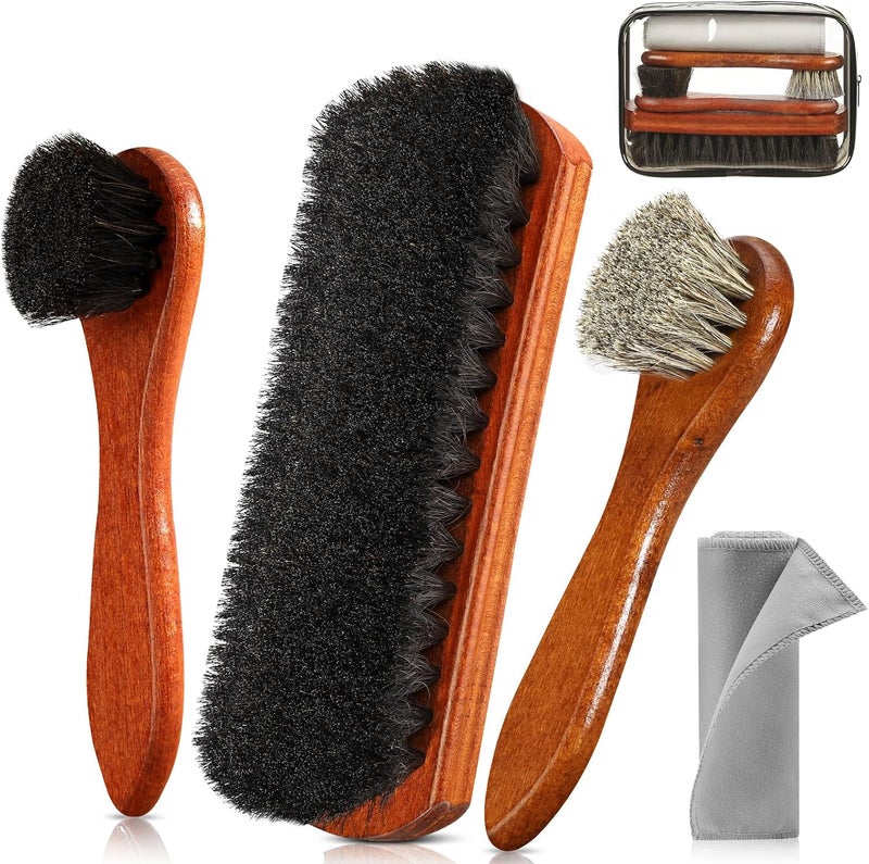 Pylevemv 4Pcs Shoe Brush, Premium Horse Hair Brush for Leather, Professional Shoe Polish Brush, Long-lasting Shoe Cleaning Brush, 100 Percent Horsehair Shoe Brush Shine Kit for Cleaning and Polishing - Image 1